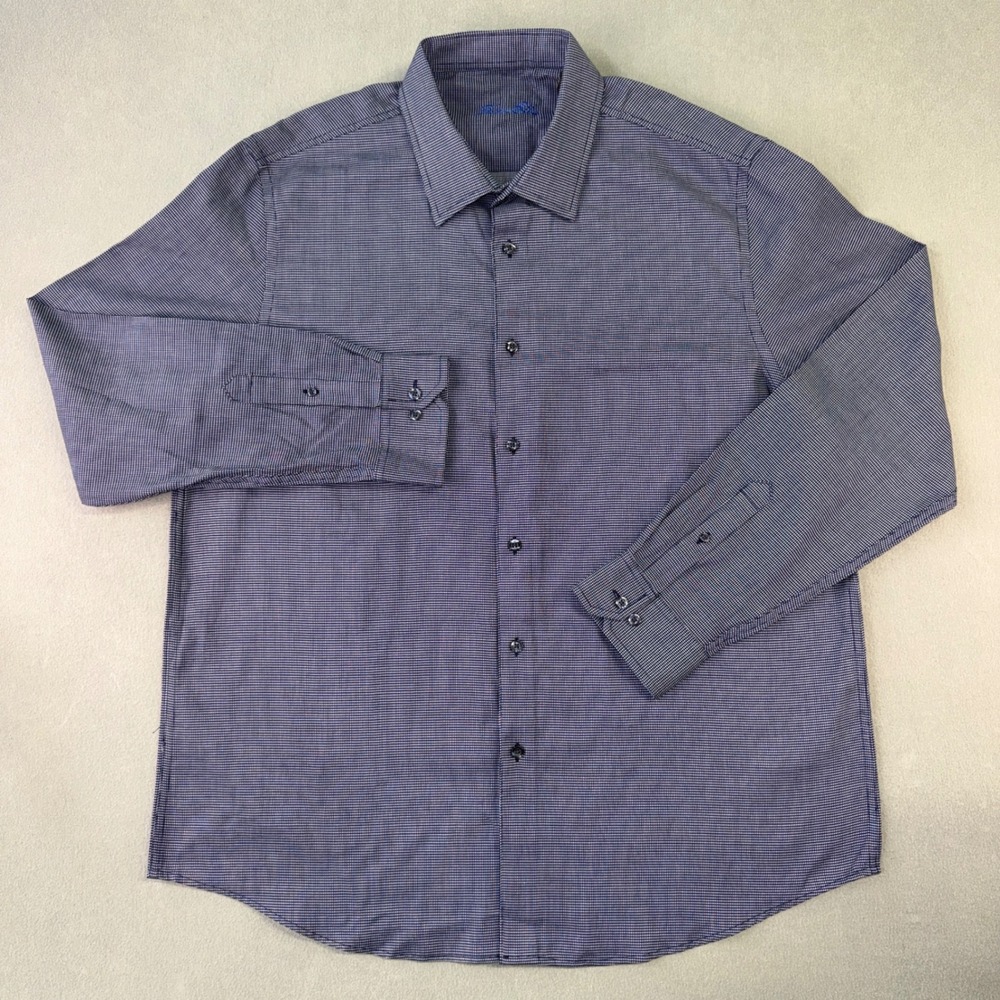 Tasso Elba Mens Essential Woven Shirt Navy Blue Micro Grid Cotton XL 17-17.5